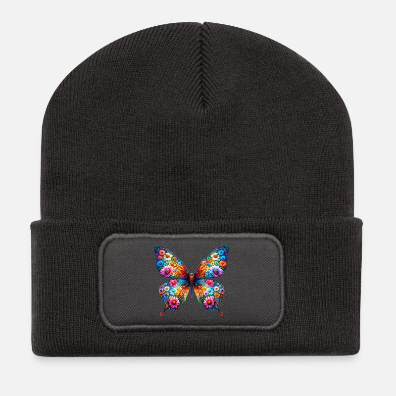 Schmetterling mit Blumen verziert - Recycelte Patch Beanie - Dunkelgrau