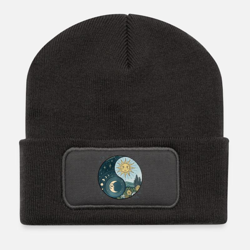 Yin Yang Sun and Moon Celestial Harmony - Recycled Patch Beanie - dark grey