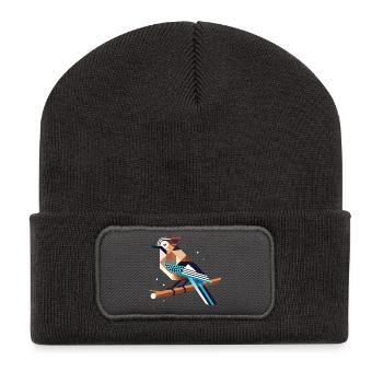 Eichelhäher auf Ast – stylisiertes Frühlingsmotiv - Recycelte Patch Beanie - Dunkelgrau - Vorne