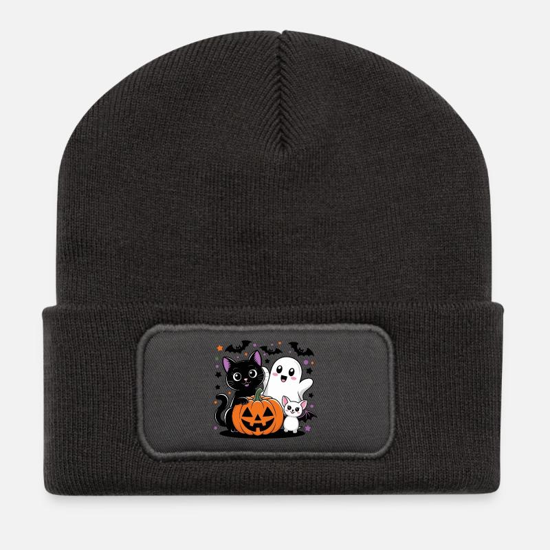Halloween Geist und Katze mit Kürbis - Recycelte Patch Beanie - Dunkelgrau