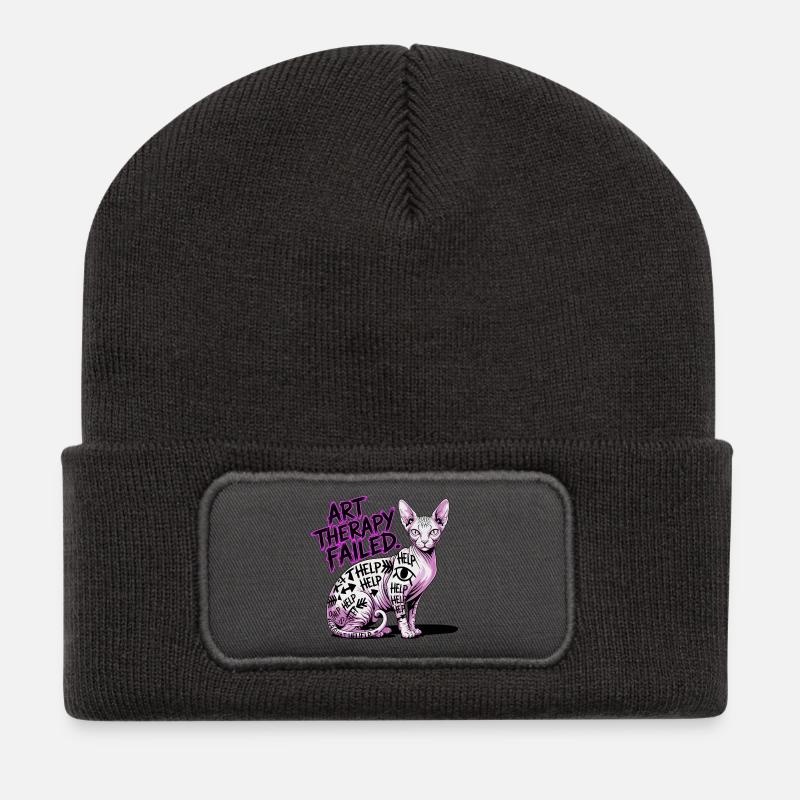 Katzenkunsttherapie fehlgeschlagen - Recycelte Patch Beanie - Dunkelgrau