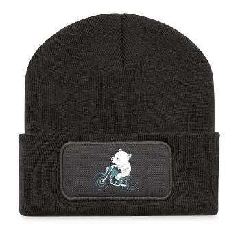 Ourson en moto vintage - Beanie recyclé à patch - charbon - Devant