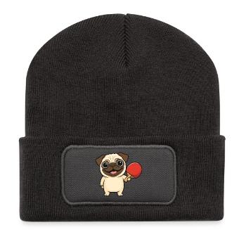 Süßer Mops beim Tischtennis Cartoon Hund - Recycelte Patch Beanie - Dunkelgrau - Vorne