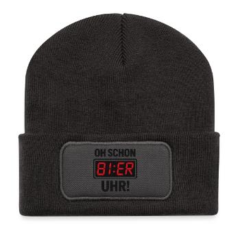 Lustiges Bier-Uhr Spruchmotiv - Recycelte Patch Beanie - Dunkelgrau - Vorne