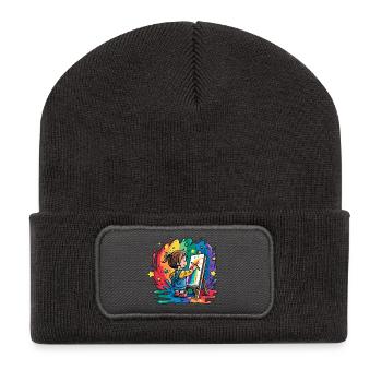 Un petit enfant peint sous la pluie de couleurs - Beanie recyclé à patch - charbon - Devant