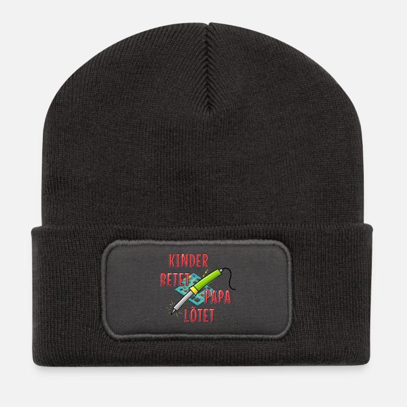 Kinder betet, Papa lötet - Recycelte Patch Beanie - Dunkelgrau