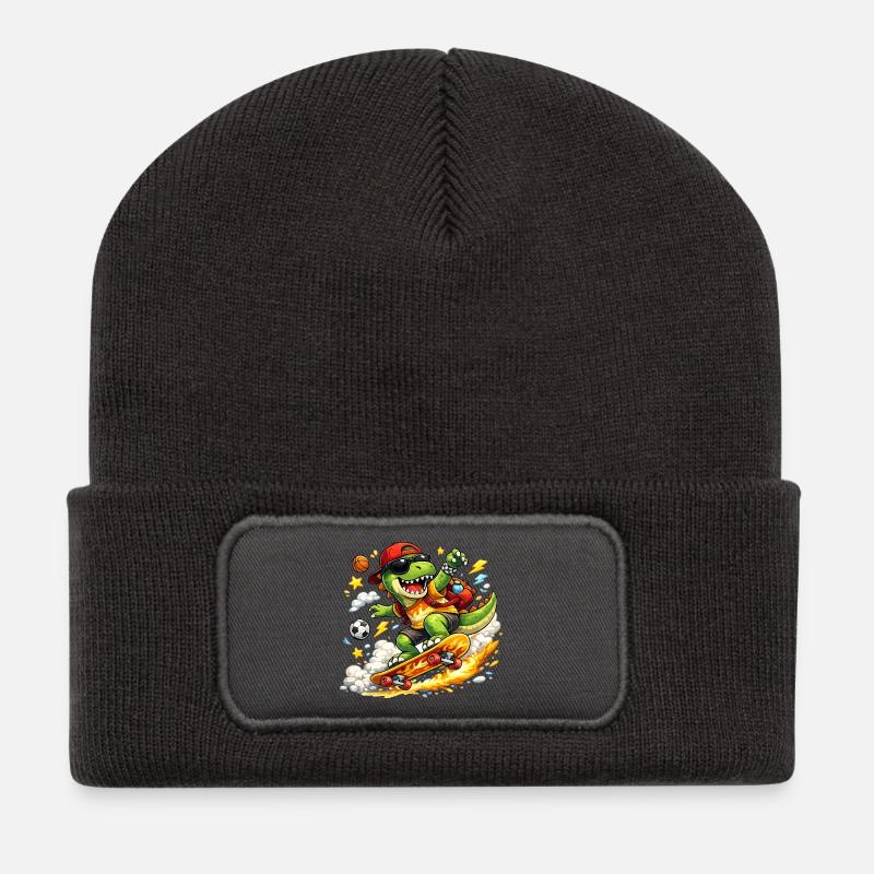 Super Cool Skater Dinosaur - Recycled Patch Beanie - dark grey