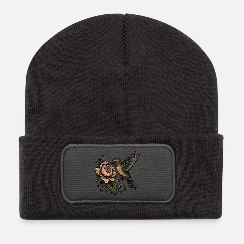 Kolibri mit Rose Vintage Tattoo - Recycelte Patch Beanie - Dunkelgrau