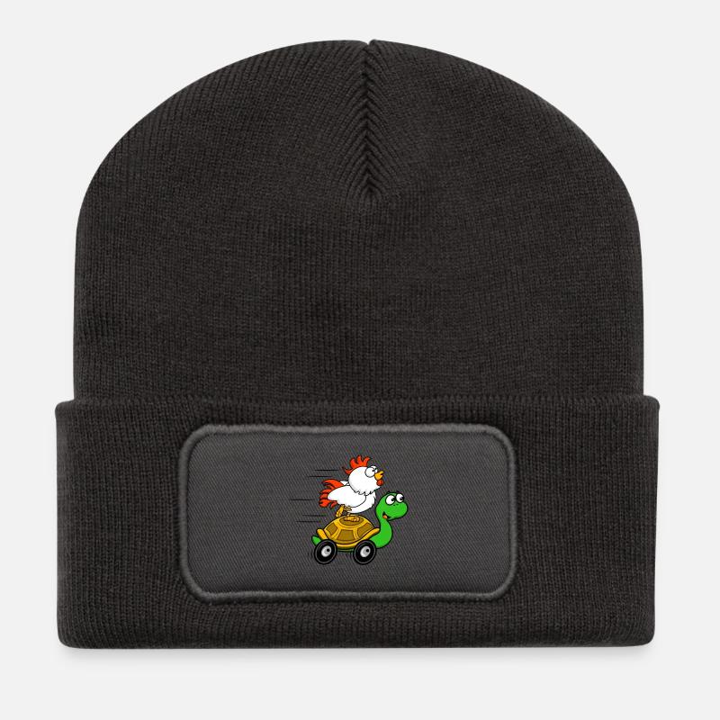 Hühner auf dem Schildkrötenwagen - Recycelte Patch Beanie - Dunkelgrau