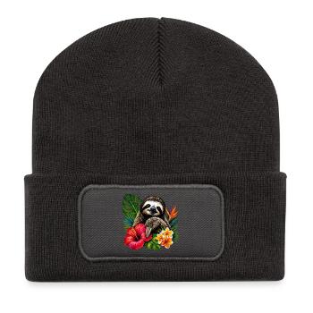 Paresseux tropical en pleine frénésie florale - Beanie recyclé à patch - charbon - Devant