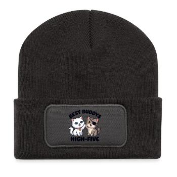 Süße Comic Katzen machen High Five – Best Buddys  - Recycelte Patch Beanie - Dunkelgrau - Vorne