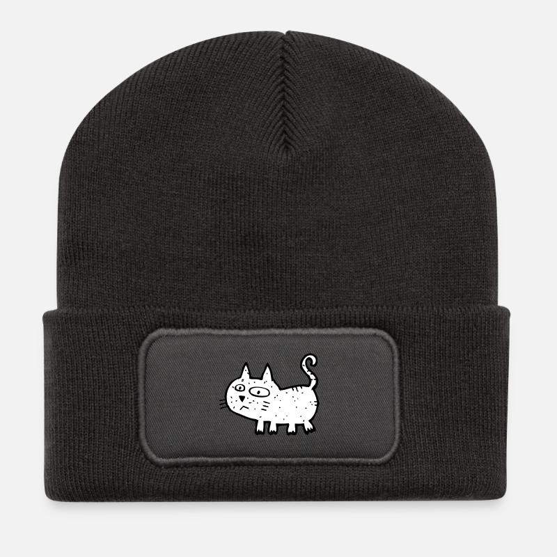 Schwarzweiß Skizzenkatze - Recycelte Patch Beanie - Dunkelgrau