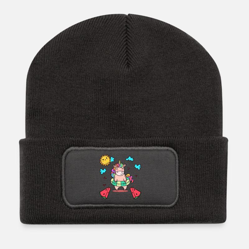 Einhorn Urlaub Schwimmreifen Meer Strand Sommer - Recycelte Patch Beanie - Dunkelgrau