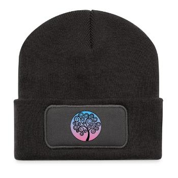 Schwarzer Baum des Lebens auf blauem und rosa Hintergrund - Recycelte Patch Beanie - Dunkelgrau - Vorne