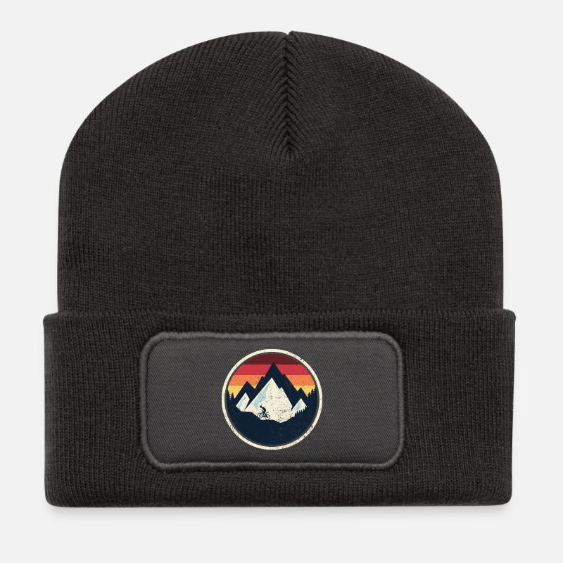 Retro Mountain Bike Sunset - Recycled Patch Beanie - dark grey
