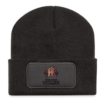 Lustig Islandpferde Statement Galopp Herz Pferde - Recycelte Patch Beanie - Dunkelgrau - Vorne