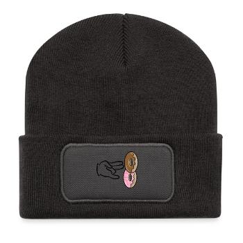 Nachspeise Süßigkeiten Naschen Donut Naschen - Recycelte Patch Beanie - Dunkelgrau - Vorne