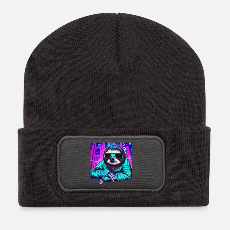 Retrowave Sloth - Ukiyo-e painting - Recycled Patch Beanie - dark grey