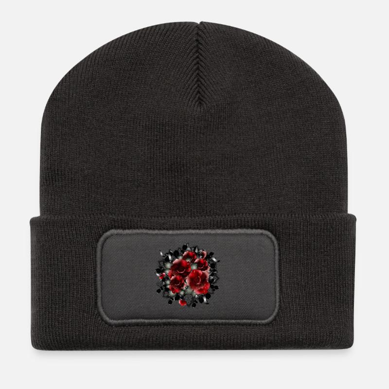 Gothic Brautstrauß Bouquet aus dunkelroten Rosen - Recycelte Patch Beanie - Dunkelgrau