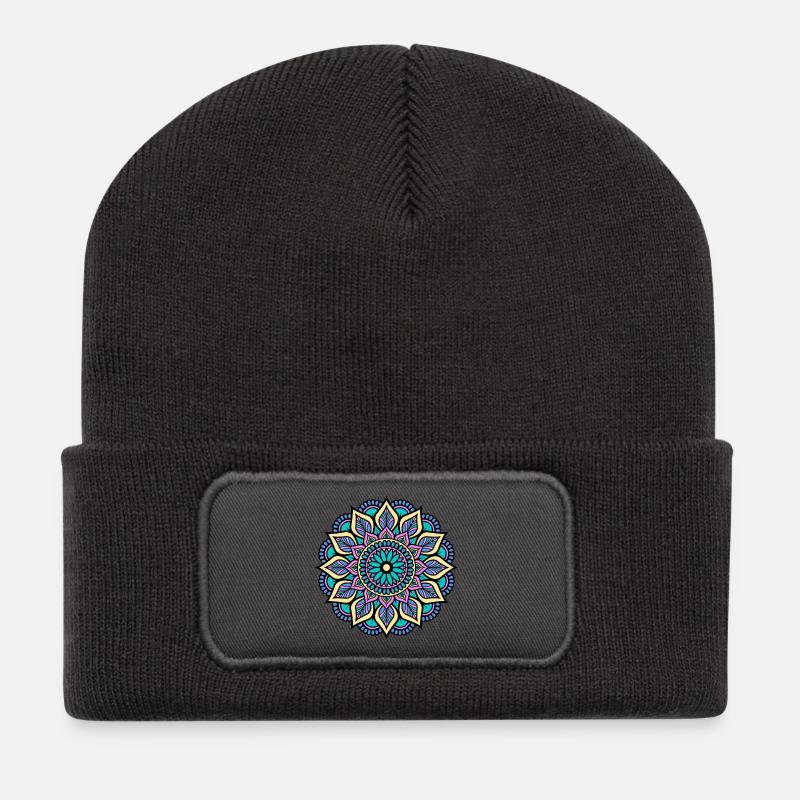 Mandala - Grün Blau Gelb Pink Indisches Mandala - Recycelte Patch Beanie - Dunkelgrau