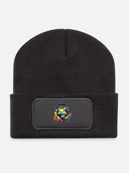 Frosch mit Kopfhörer Frösche Tiere - Recycelte Patch Beanie - Dunkelgrau