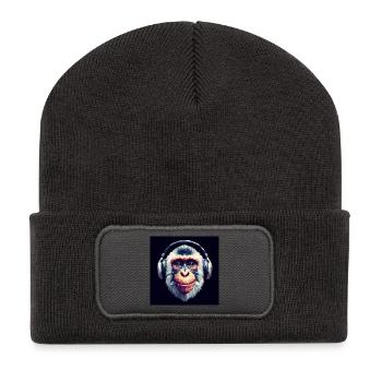 Singe avec des écouteurs - Beanie recyclé à patch - charbon - Devant