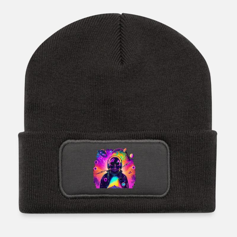 Astronaute néon dans le cosmos arc-en-ciel - Beanie recyclé à patch - charbon