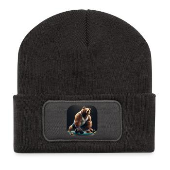 Bär mit Hanteln Fitness Sport - Recycelte Patch Beanie - Dunkelgrau - Vorne