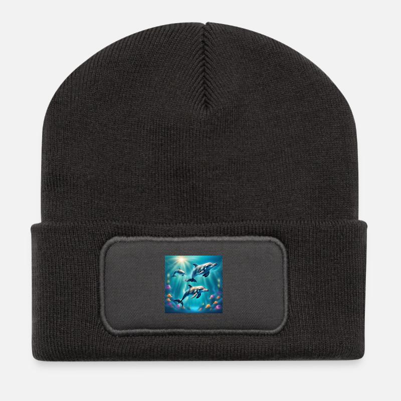 Delfin-Poster, Delfine, Meeresboden - Recycelte Patch Beanie - Dunkelgrau