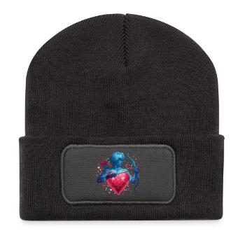 Mythischer Amor mit Herz und Schleife - Recycelte Patch Beanie - Dunkelgrau - Vorne