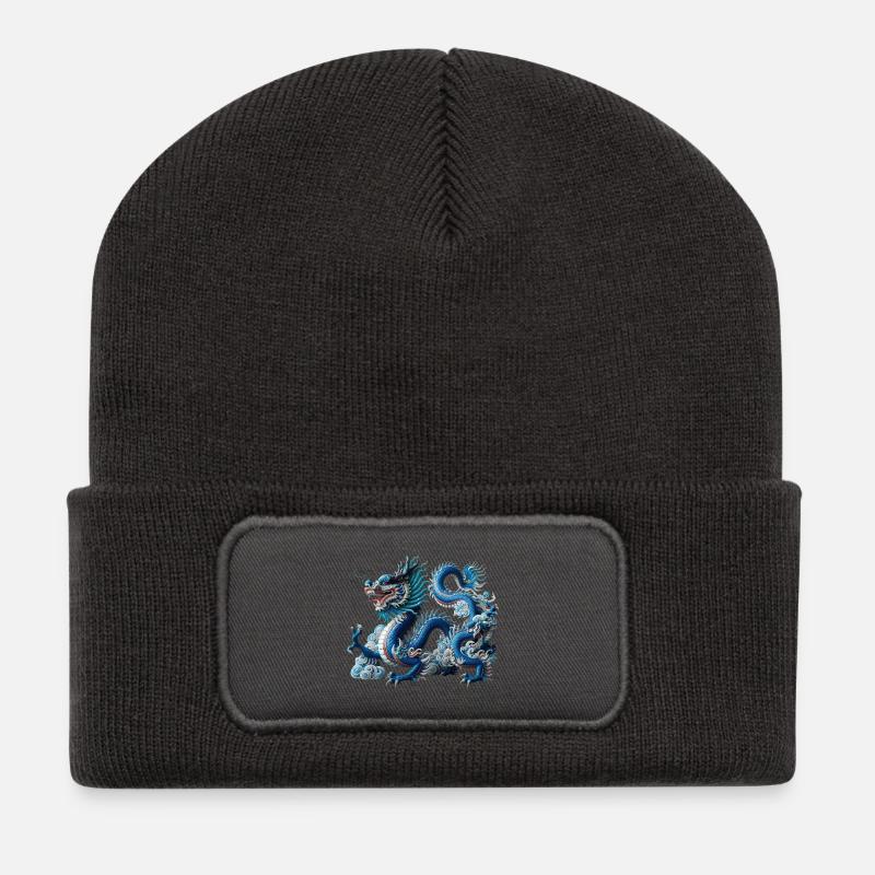 Blauer Drachen im Wolkenfluss - Recycelte Patch Beanie - Dunkelgrau