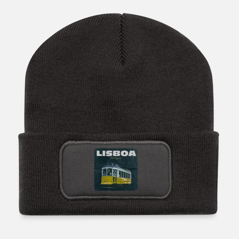 Lissabon Gelbe Straßenbahn Retro - Recycelte Patch Beanie - Dunkelgrau