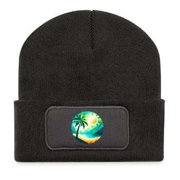 Palme in einer Bucht im Polygon-Stil - Recycelte Patch Beanie - Dunkelgrau - Vorne