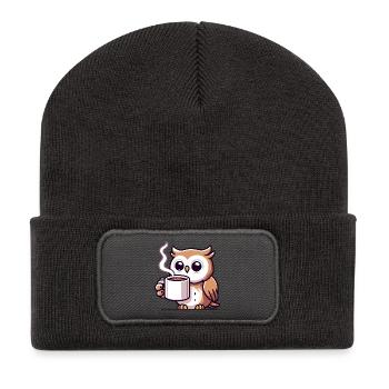Wise Brew Owl: Der morgendliche Kaffeebegleiter - Recycelte Patch Beanie - Dunkelgrau - Vorne