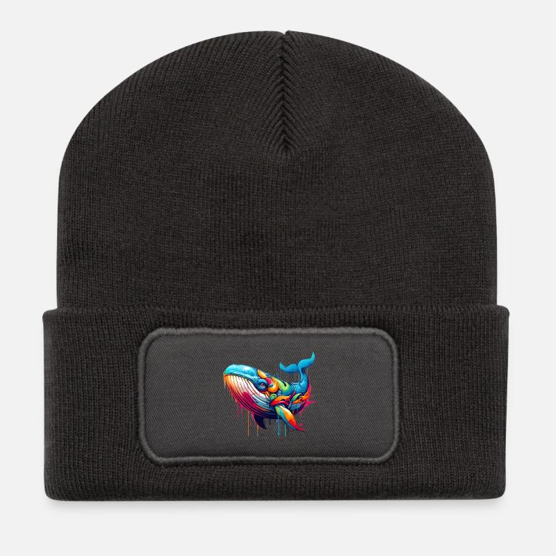 Motif vif d’une baleine dans la technique du graffiti - Beanie recyclé à patch - charbon