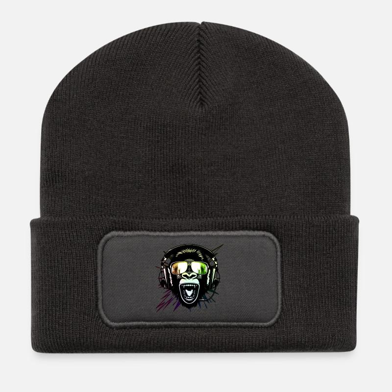 Affe mit Neonbrille - Recycelte Patch Beanie - Dunkelgrau