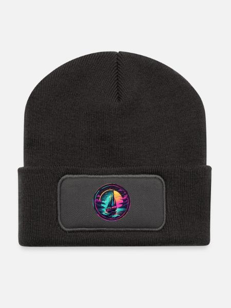 Neon Sonnenuntergang Segelboot - Recycelte Patch Beanie - Dunkelgrau