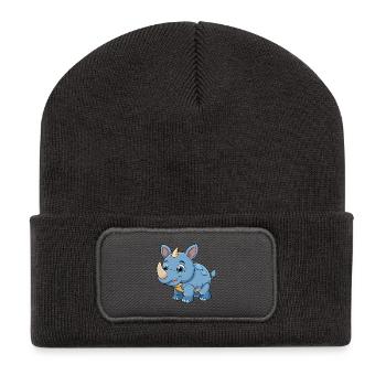 Rhino Niedliche Maskottchen Zeichentrickfigur Kawaii - Recycelte Patch Beanie - Dunkelgrau - Vorne