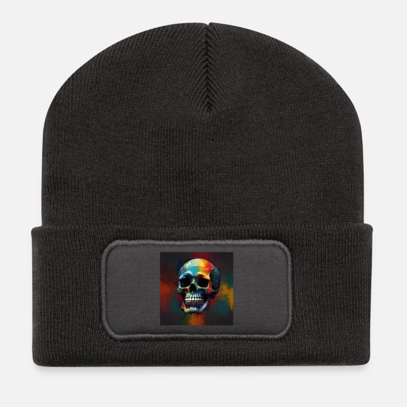 Bunte Totenmaske auf dem Hintergrund des Ausdrucks - Recycelte Patch Beanie - Dunkelgrau