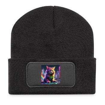 Katze - Recycelte Patch Beanie - Dunkelgrau - Vorne