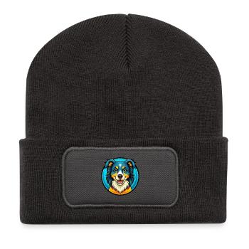 Australian Shepherd Hund Bunte Kawaii Karikatur - Recycelte Patch Beanie - Dunkelgrau - Vorne