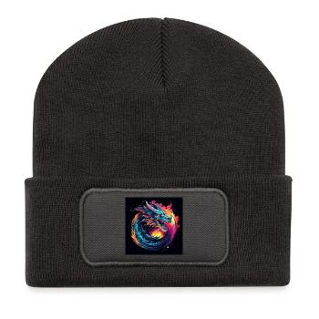 Neon Drache im Sternenkreis - Recycelte Patch Beanie - Dunkelgrau - Vorne