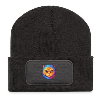 Scottish Fold Katze Rasse Cartoon Kawaii Tier Haustier - Recycelte Patch Beanie - Dunkelgrau - Vorne