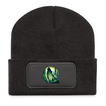 Silhouette de loup hurlant avec forêt verte - Beanie recyclé à patch - charbon - Devant