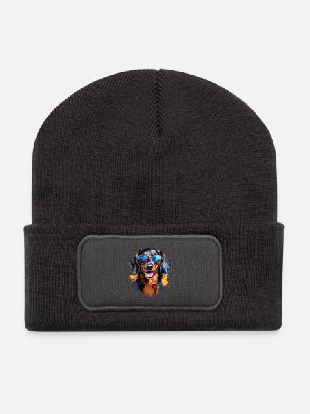 Dackel mit Sonnenbrille - Recycelte Patch Beanie - Dunkelgrau