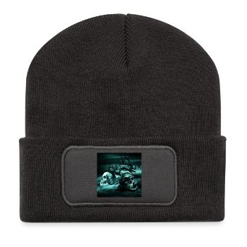 Nachtkult Schädel und Schlange - Recycelte Patch Beanie - Dunkelgrau - Vorne