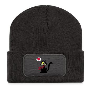 Chat noir amoureux - Beanie recyclé à patch - charbon - Devant