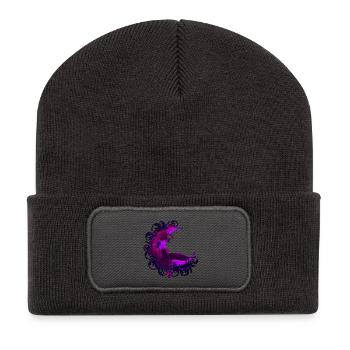 Mondsichel, Rosenblüte, Katzen motiv, Ranken - Recycelte Patch Beanie - Dunkelgrau - Vorne