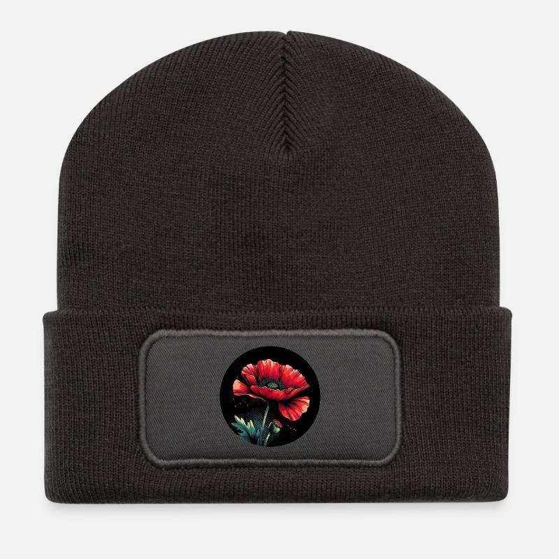 Mohnblume rot - Recycelte Patch Beanie - Dunkelgrau