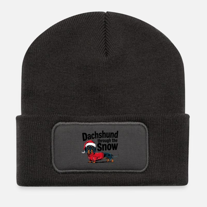 Dackel im Festtagspullover mit Nikolausmütze - Recycelte Patch Beanie - Dunkelgrau